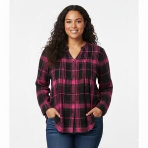 EUC Woman Within Sz 2x Flannel Shirt Tunic Pink Black Plaid Pintucks Oversized